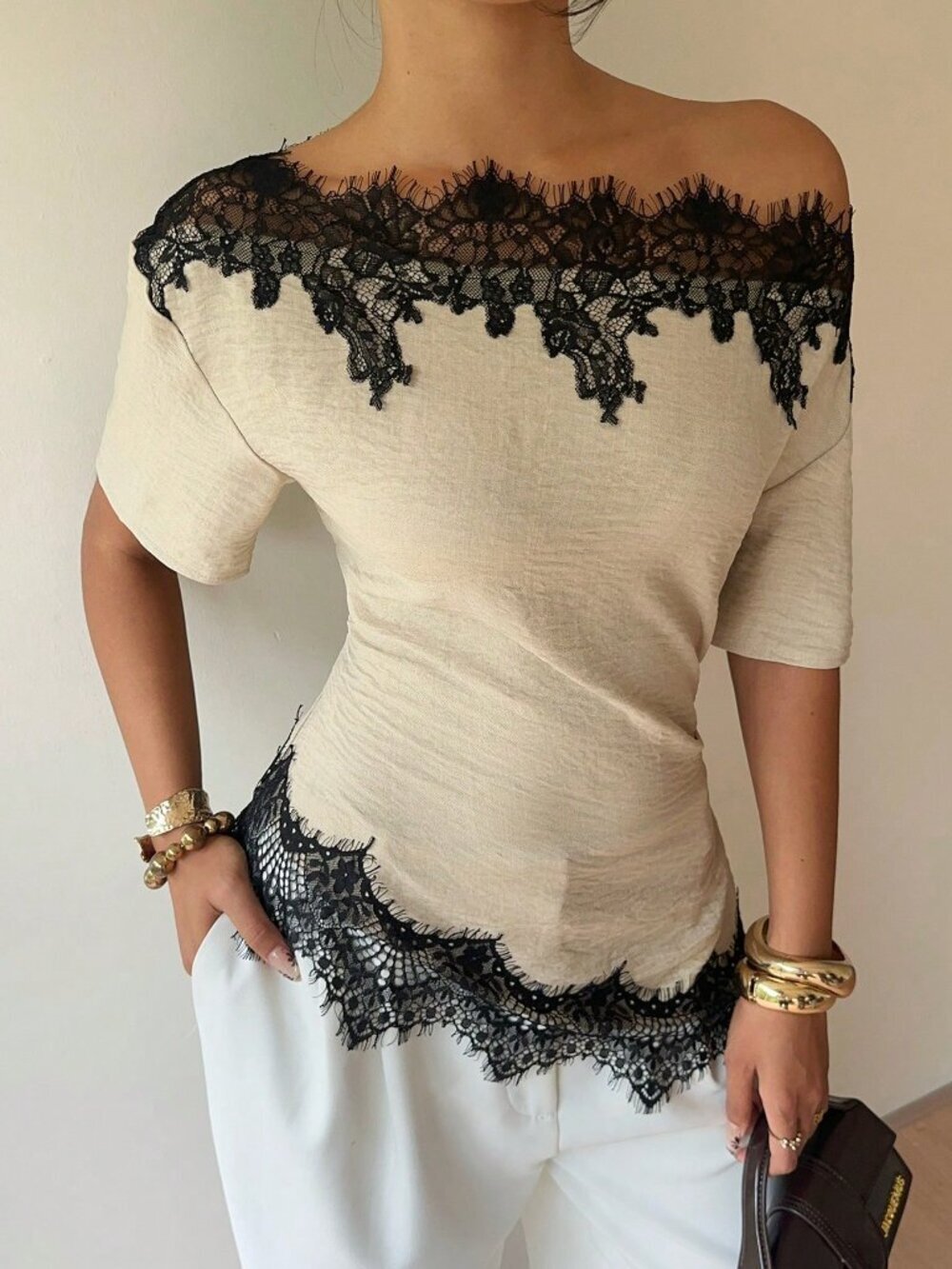 Apricot Casual Women's Lace-Paneled Off-The-Shoulder Blouse